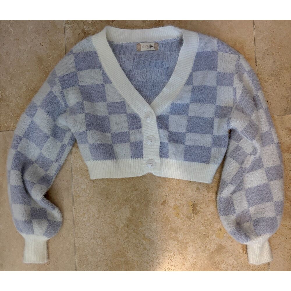 Y2K Cropped V-neck Checkered Cardigan Balloon Sleeves Sz XS